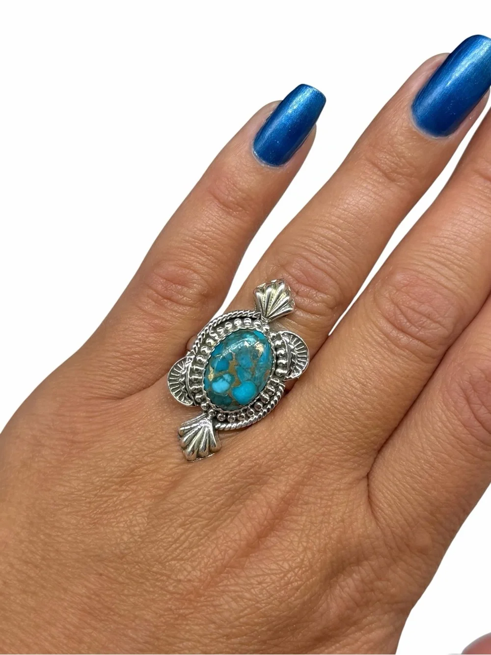 Kingman Mine Turquoise Ring Solid 925 Sterling Silver Adjustable Size 7 8 9